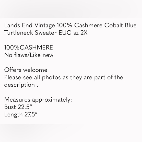 Lands End Vintage 100% Cashmere Cobalt Blue Turtleneck Sweater EUC sz 2X - Picture 6 of 10